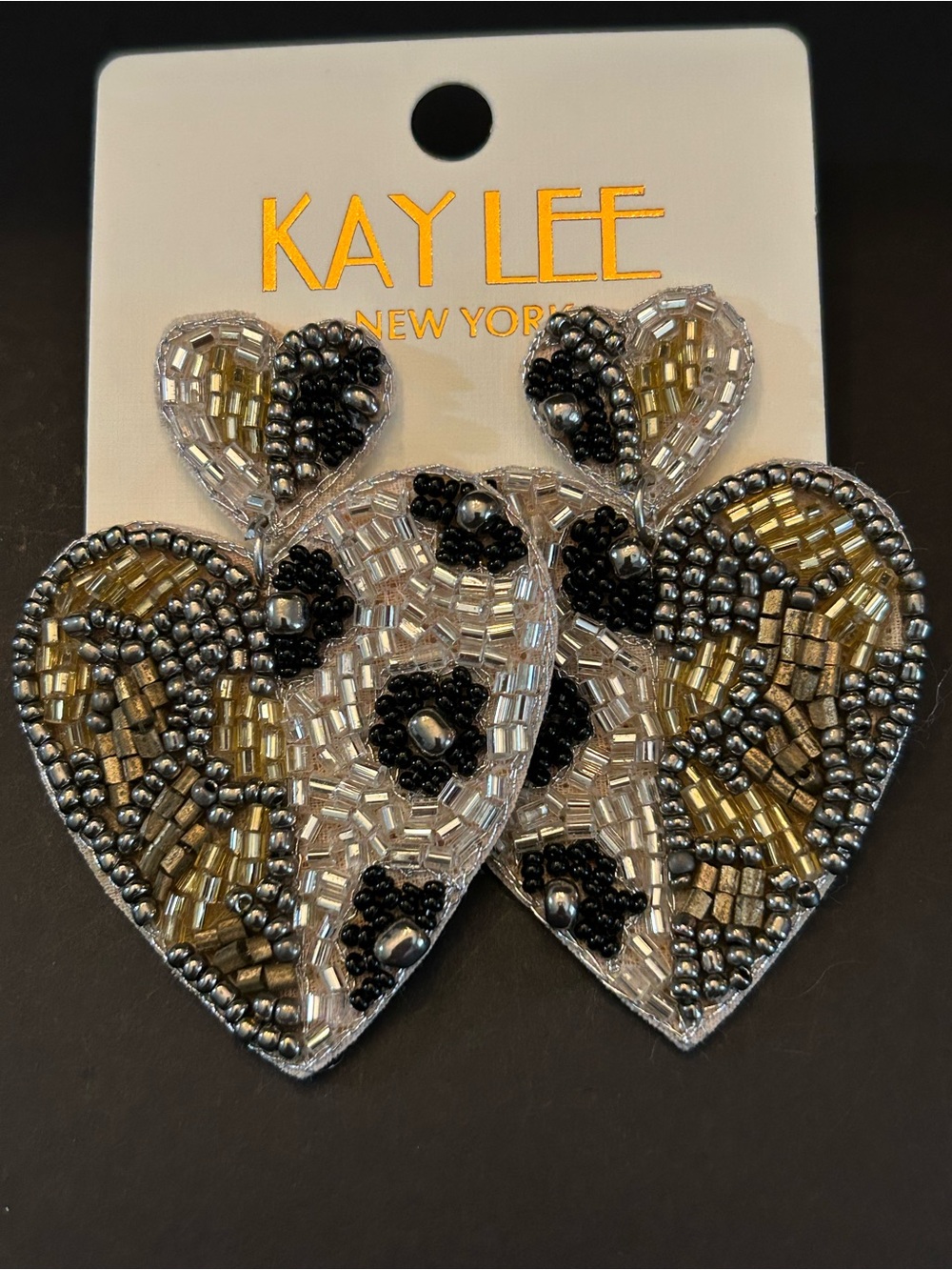 Unique Hand Beaded Boho Design Heart Drop Earrings in Black, Gold & Silver